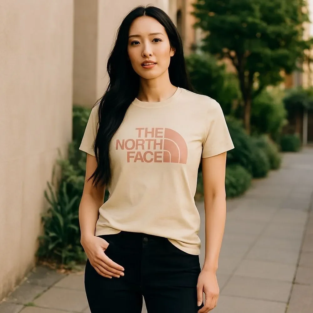 The North Face Women's Light Tan Tee with Pink Logo - Picture 6 of 8